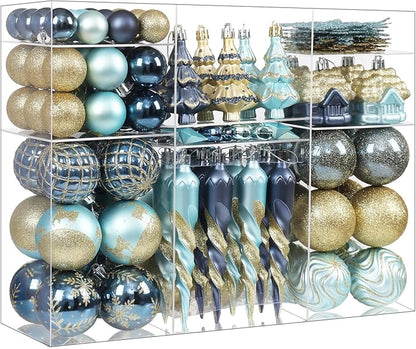 124Ct Blue and Gold Christmas Tree Ornaments Set, Shatterproof Assorted Christmas Decorations for Xmas Tree Snowflake Icicle House Ball Ornaments Baubles for Holiday Party Decor（Blue & Gold）