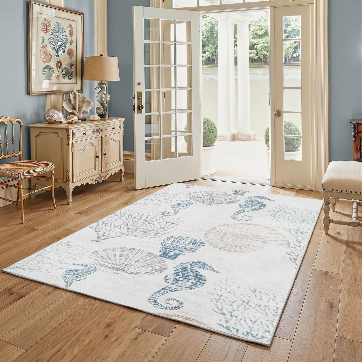 Tribesigns Boho Coastal 5x7 Washable Area Rugs for Living Room, Soft Non-Slip Rugs for Bedroom Dining Room, Large Ultra Thin Printed Carpet for Ocean Beach Dorm Kids Room Office Decor