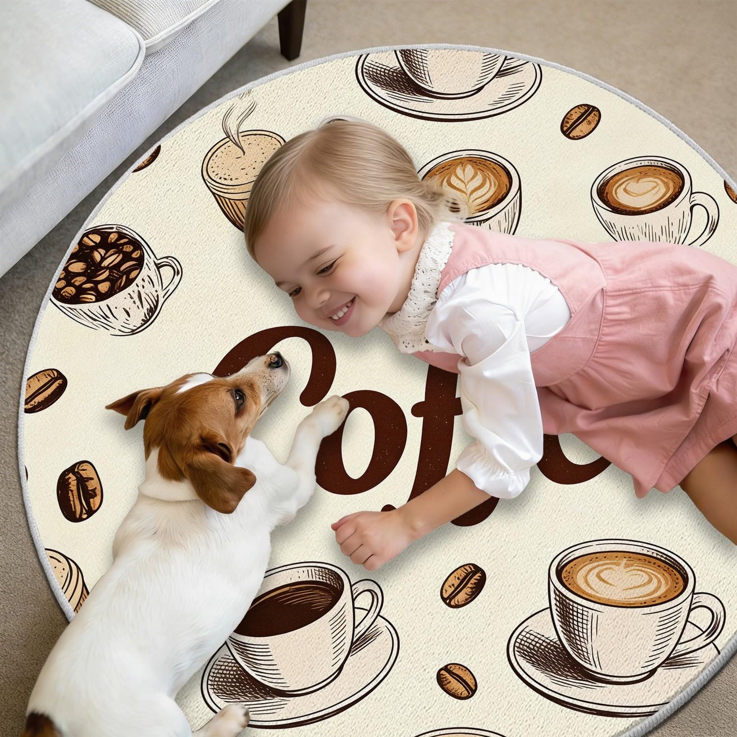 Egljss 4ft Round Rug, Coffee Bean Circle Area Rug for Living Room, Coffee Cup Round Carpet for Bedroom, Brown Farmhouse Circle Washable Rugs for Dining Table, Rugs Non Slip Kitchen