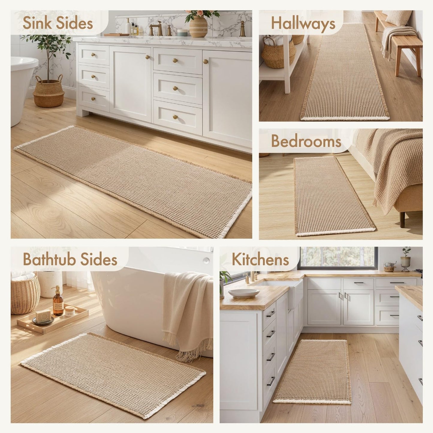 MIULEE Waffle Bathroom Runner Rugs, Super Absorbent Non Slip Bath Rug, Soft Quick Dry Washable Boho Large Beige Bath Mat with Tassels for Hallway Laundry Room Bedroom, 2'x5' (24"x60"), Brown & White