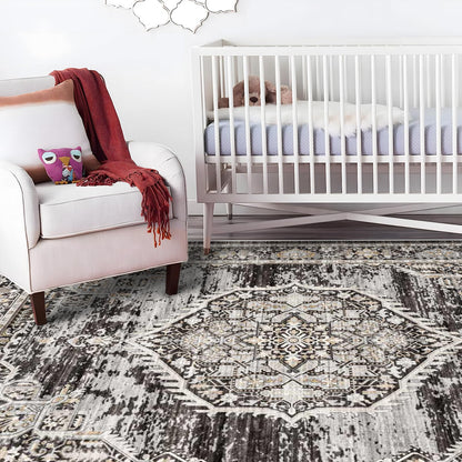 Washable Rugs 10x14 Area Rug: Large Rugs for Living Room - Oriential Distressed Printed Floral Carpet - Non Slip with Rubber Backing Area Rug 10'x14' Black