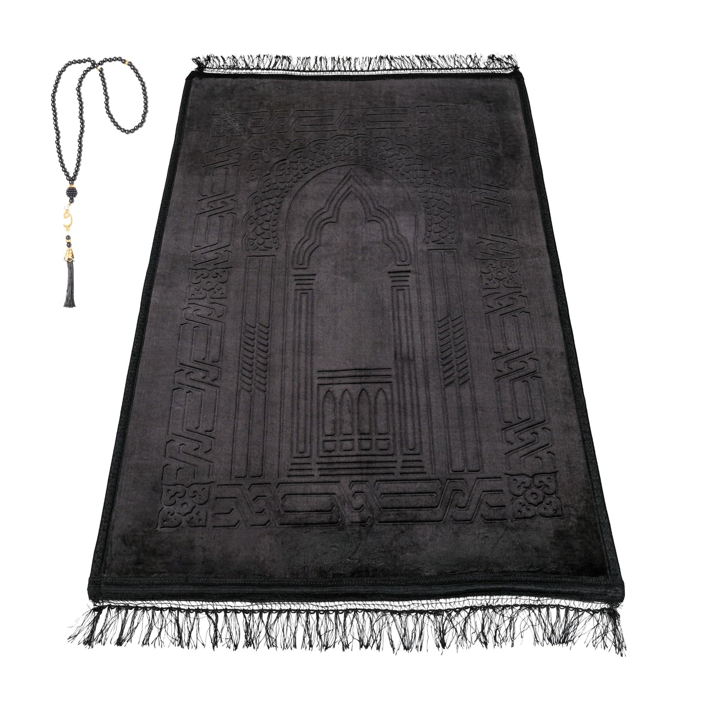 FIRASET Prayer Rug - Soft Plush Turkish Janamaz Sajada Carpet for Men and Women - Plain Solid Prayer Mat Ramadan Eid Gift - with Prayer Beads - Luxury Floral Stamp, Black