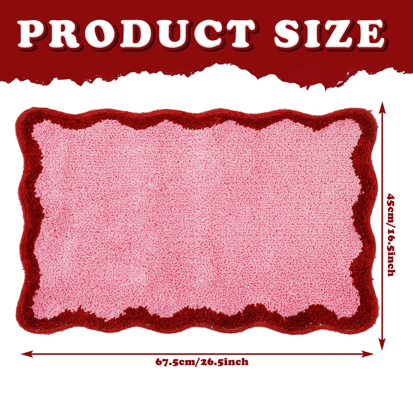 Whaline Pink Rug Mat Bathmat Red Scalloped 26.6 x 16.5 Inch Absorbent Bathroom Rug for Valentine's Day Wedding Anniversary Holiday Kitchen Living Room Decoration