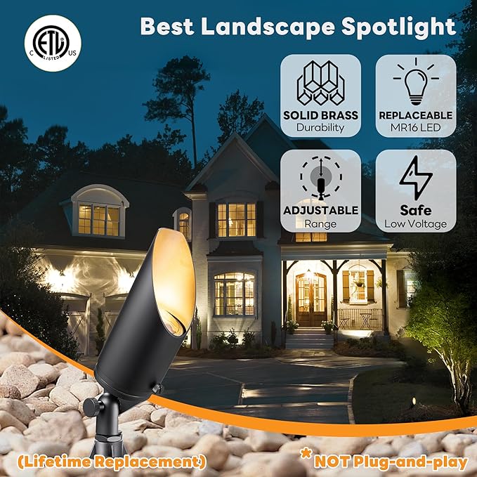 Gardenreet 12V Spot Lights Solid Brass - Black Outdoor Low Voltage Landscape Spotlight, Wired LED Uplights Waterproof, Stretchable Shroud Electric for Patio Wall Without MR16 Bulb (6 Pack)