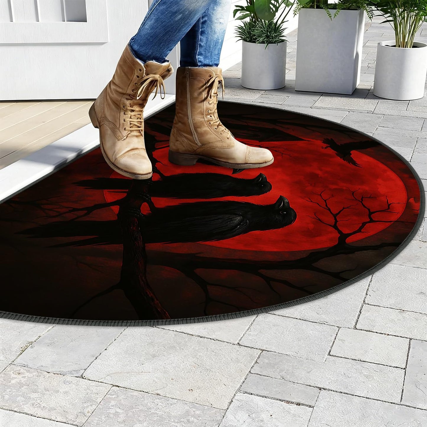 ANNA QUEEN Halloween Semicircular Entrance Door Mat 24" x 36", Gothic Raven Moon Indoor Outdoor Doormat, Non Slip Half Round Welcome Rug Low Profile for Front Door Entryway Porch Patio