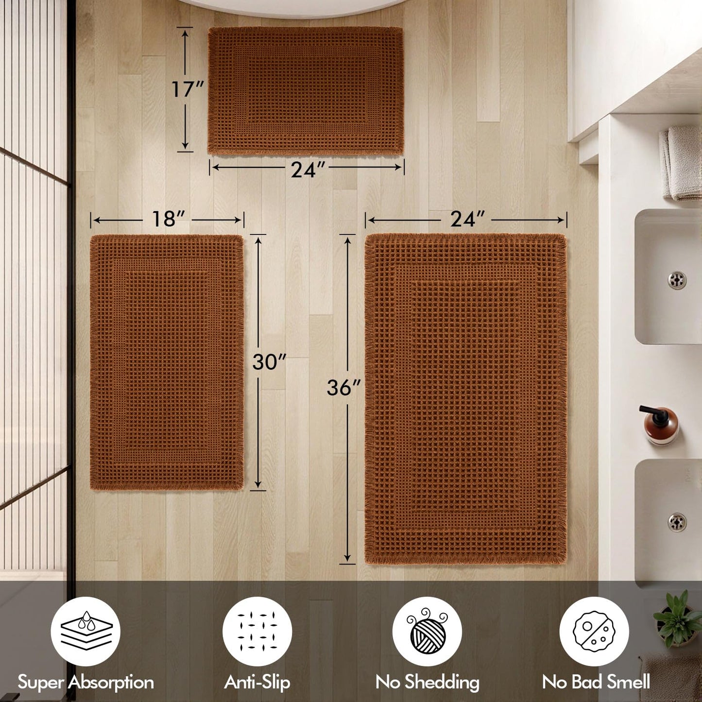 MIULEE Set of 2 Waffle Bathroom Rugs, Terracotta Boho Bath Rug Super Absorbent, Non Slip Washable Ultra Soft Rubber Backed Shower Bath Mats for Floor, Tub, Shower, Looped Design, Caramel, 18x30 Inch