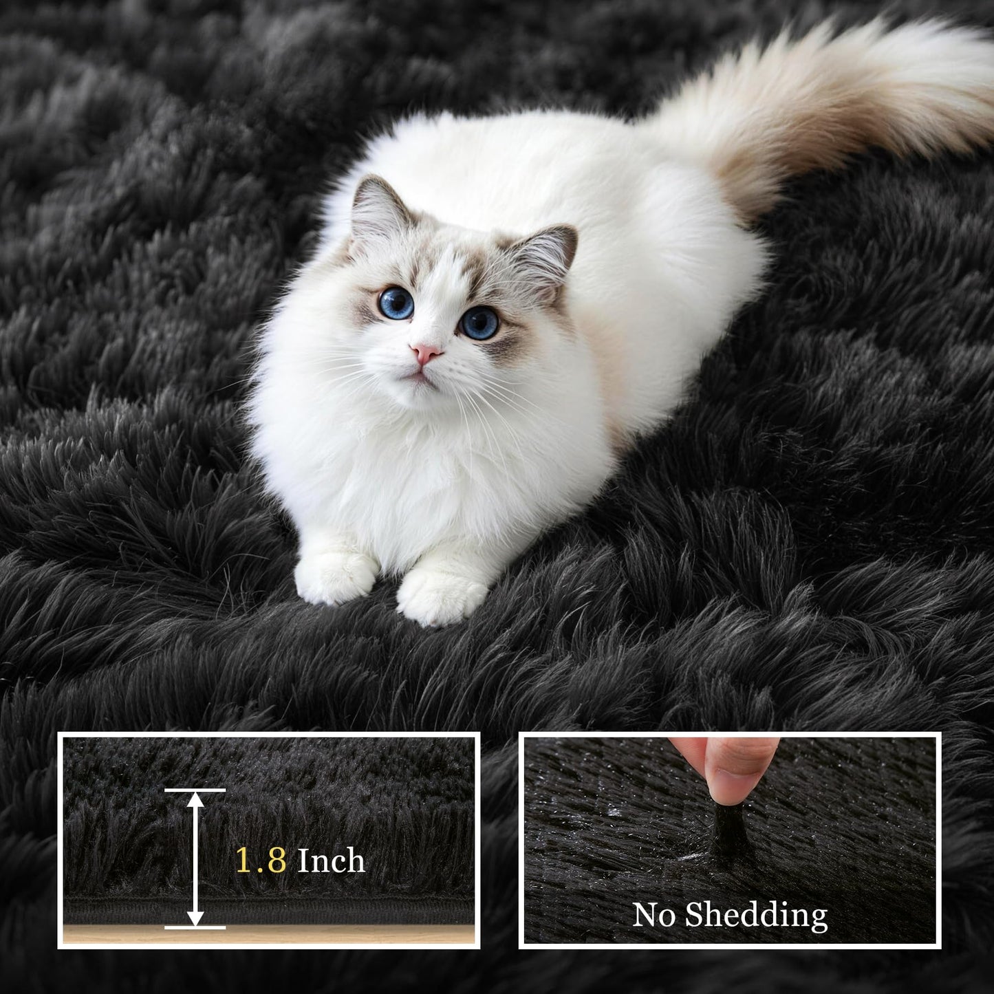 Fluffy Area Rugs 9x12 Living Room Bedroom: Ultra Soft Shag Rug Upgrade Non-Slip Non-Shedding Large Fuzzy Plush Carpet Indoor Floor Carpets for Kids Room Playroom Nursery Dorms Home Decor Black