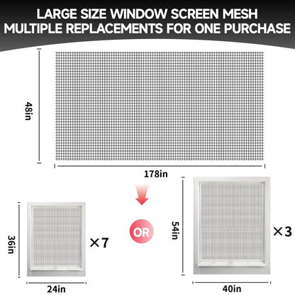 Window Screen Door Repair/Replacement Kit,48" x178" Adjustable Durable Fiberglass Window Screen Mesh,with Spline/Roller/Hook/Clips Screen Door Repair Kit,DIY Window,Porch Sliding Door(Black)