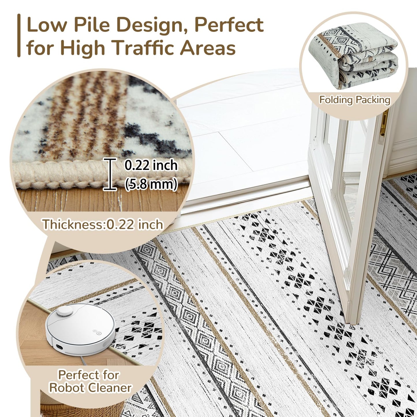 BESTSWEETIE 8x10 Area Rugs for Living Room Washable Moroccan Farmhouse Neutral Geometric Low Pile Non-Slip Soft Print Pattern Rug for Bedroom Kitchen Dining Room Entryway Black/Brown