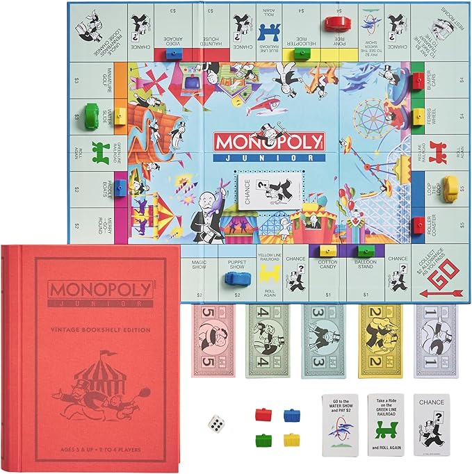 WS Game Company Monopoly Junior Vintage Bookshelf Edition: Linen Fabric-Wrapped Book Case — Classic Monopoly Jr. Board Game for Family Game Night (2-4 Players Ages 5+)
