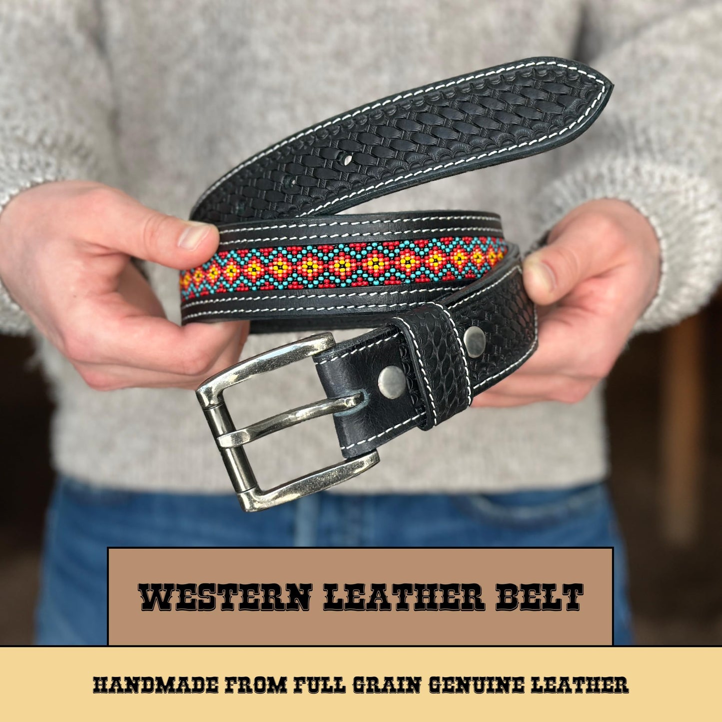 DANIEL'S ARTPLANET Western Belt for Men Handmade Full Grain Leather Beaded Tooled Cowboy Belt with Removable Buckle 1.5”