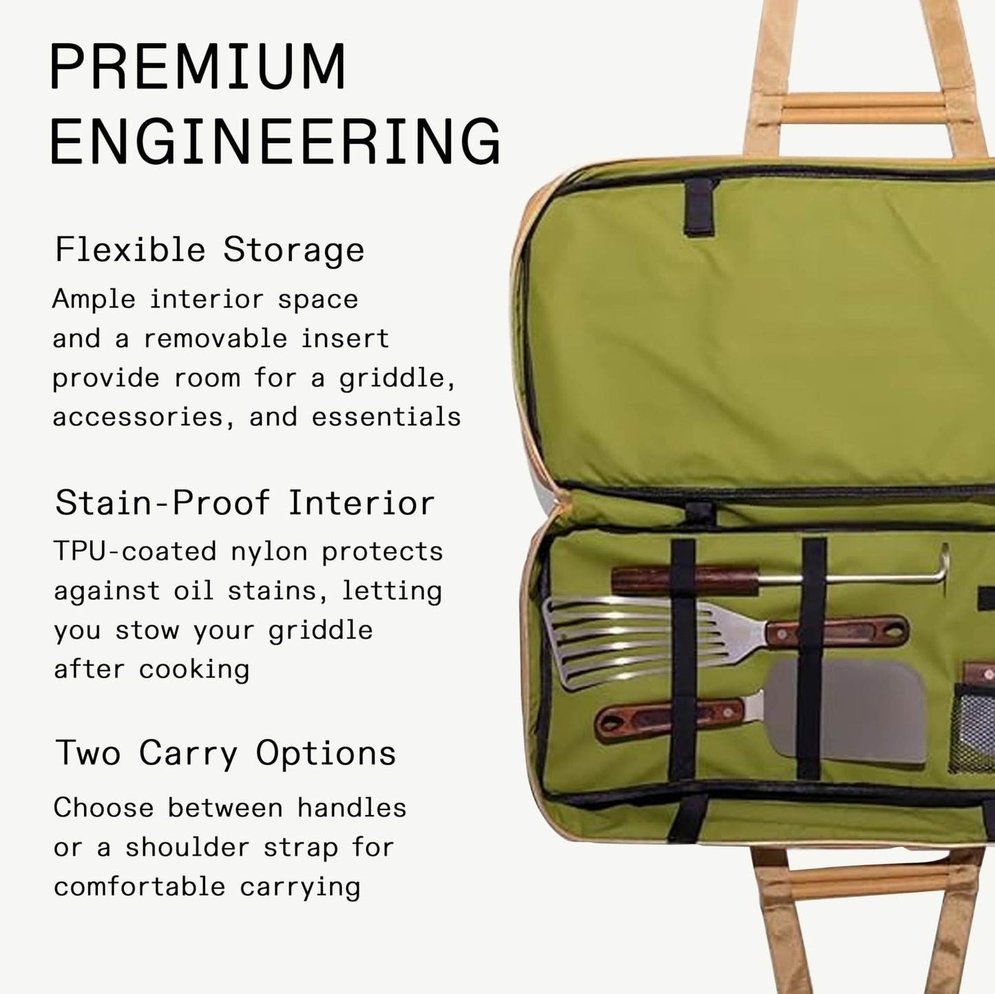Made In Cookware - Griddle Utility Bag - Fits 2-Burner Carbon Steel Griddle - Removable Stain-Proof Interior - Luggage Grade Nylon - Camel Exterior and Olive Interior