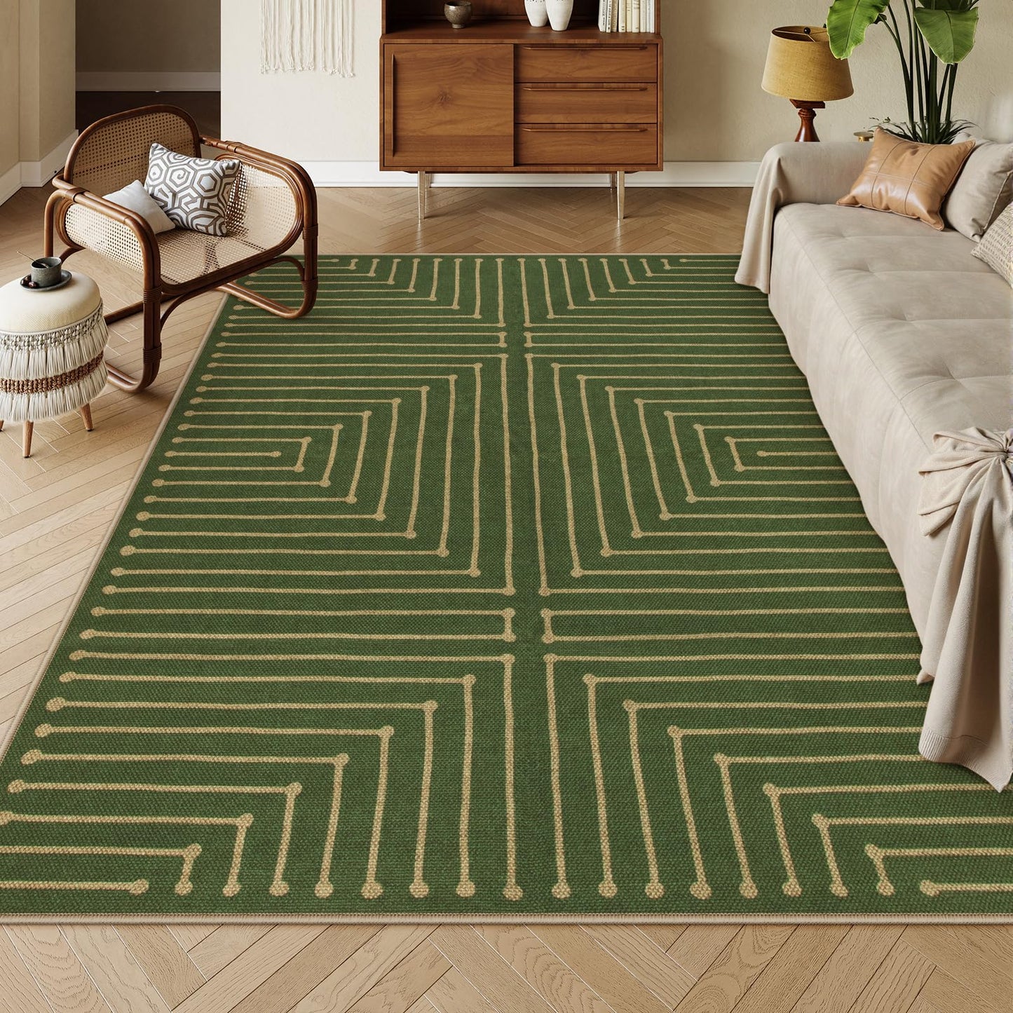Lahome Neutral Geometric 8x10 Easy Jute Rug, Green Indoor Outdoor Rugs 8x10 for Living Room Office, Farmhouse Rhombus Non Slip Non Shedding Floor Carpet for Patio Backyard Bedroom Decor