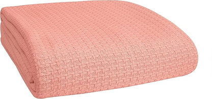 BELIZZI HOME 100% Cotton Bed Blanket, Breathable Bed Blanket King Size, Cotton Thermal Blankets King, Perfect for Layering Any Bed for All Season, Peach
