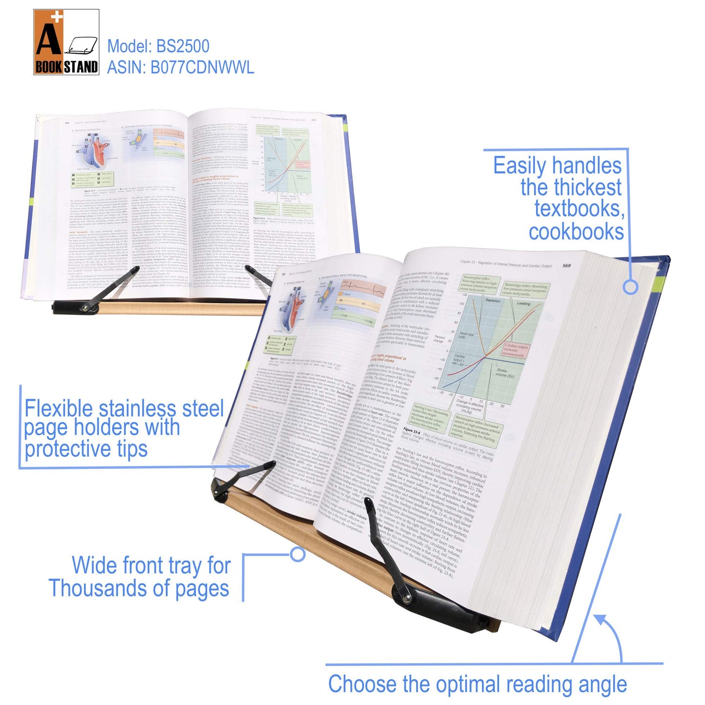 A+ Book Stand BS2500 Large 16x10.5 Portable Adjustable Foldable Bookstand Holder for Reading Hands Free Large Thick Heavy Textbooks Cookbooks Tablets