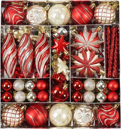 82Pcs Red and Gold Christmas Ornaments Set, Shatterproof Plastic Assorted Christmas Decorations for Tree Baubles Xmas Ball Ornaments for Holiday Party Decor (Red&Gold)