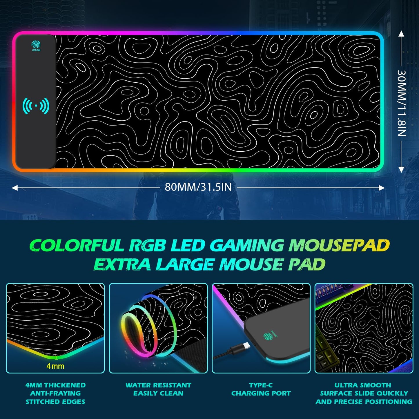 ToLuLu RGB Gaming Wireless Charging Mouse Pad, 5/7.5/10/15W 10 Light Modes LED Mouse Pad Computer Keyboard Mat Mousepad, 800x300x4MM Extended Large Desk Mat for Gaming, MacBook, Laptop, PC, Galaxy