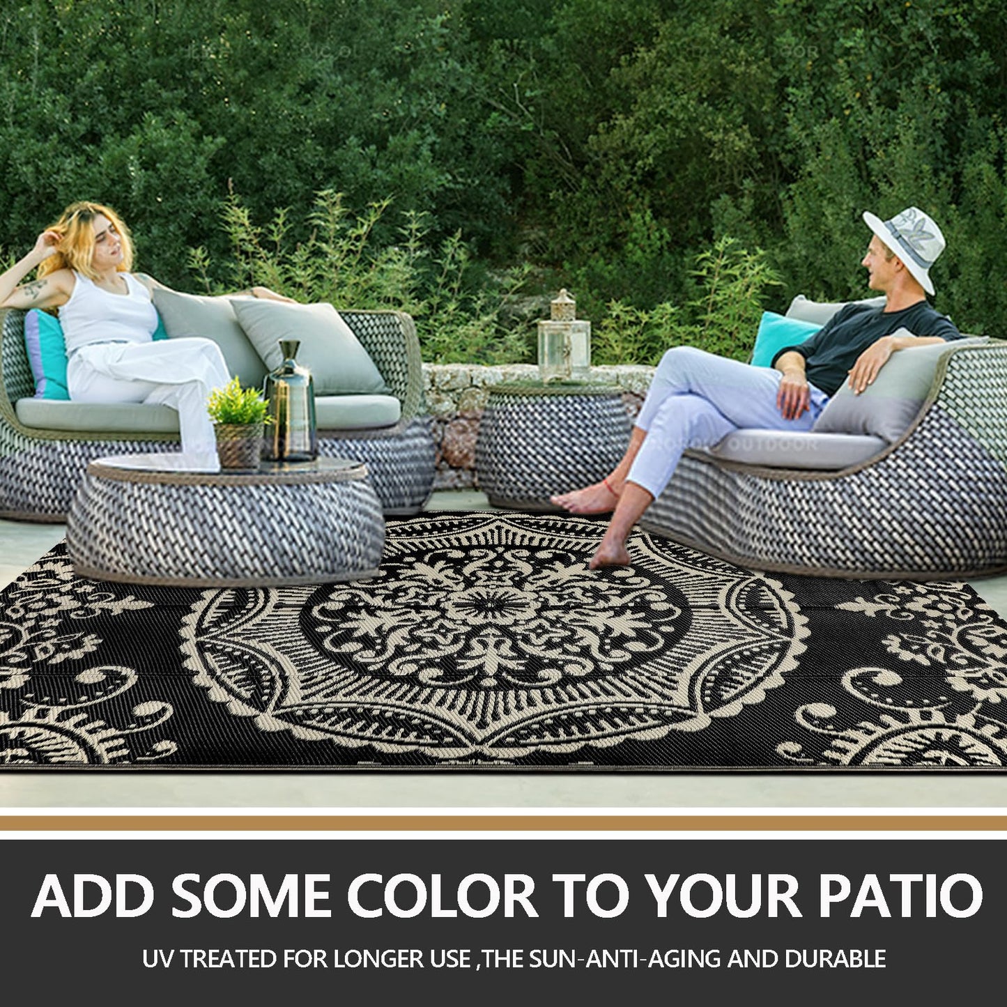 Capslpad 5x8 Outdoor Rug Waterproof Camel Boho Floral Patio Carpet Portable Plastic Straw Rug Foldable Outside Carpet with Carry Bag for RV Backyard Balcony Bench Picnic Porch