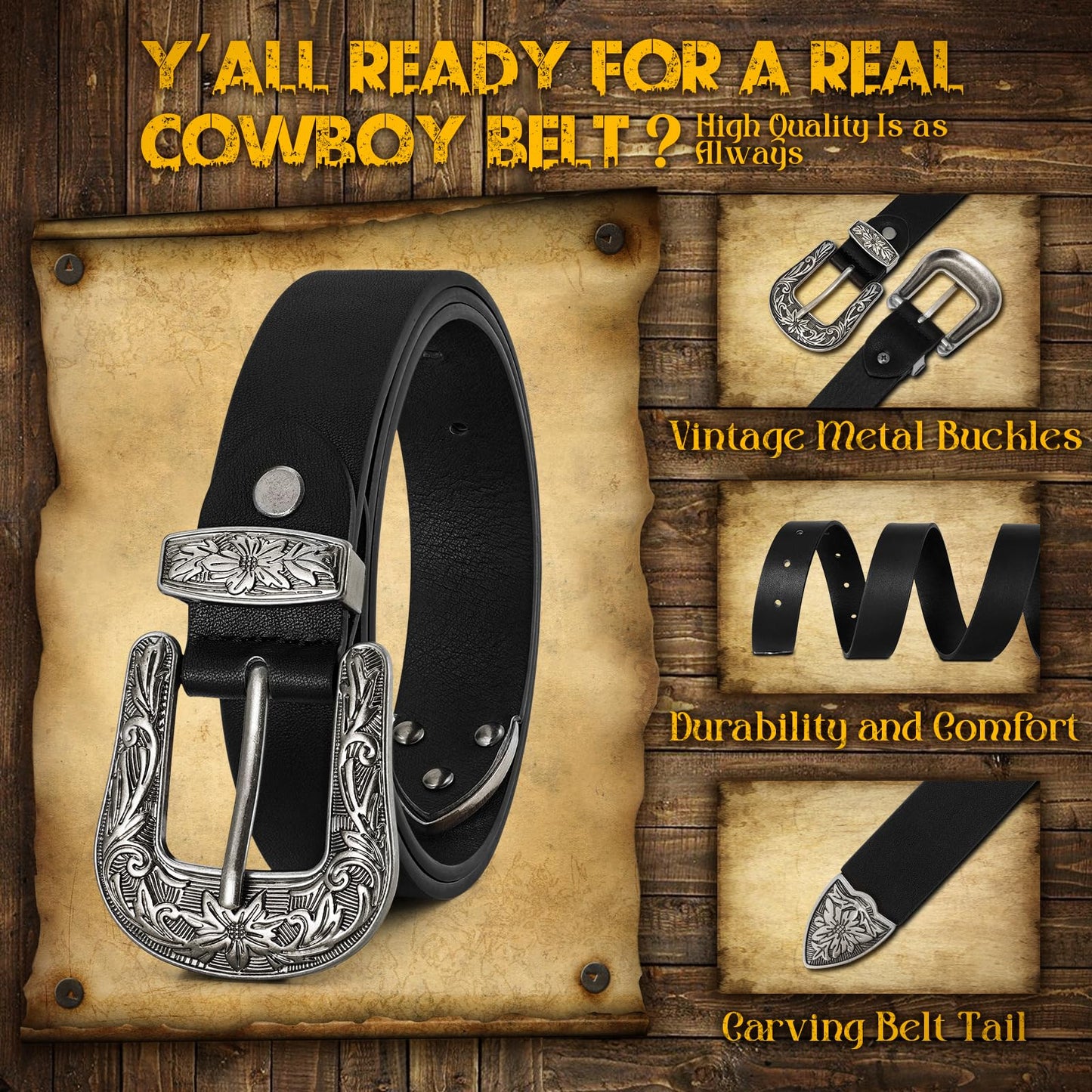 JASGOOD Women Leather Belts Ladies Vintage Western Belt Cowboy Cowgirl Country Belt Design Black Waist Belts for Pants Jeans Dresses