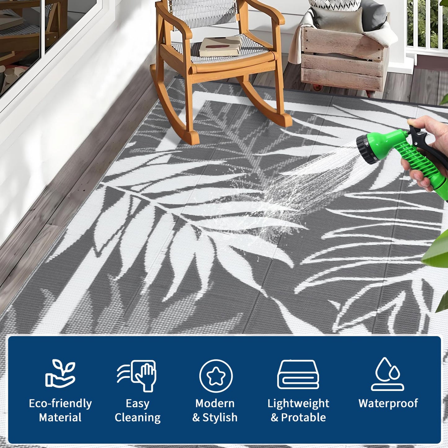 GAOMON 8'x10' Outdoor Rug Waterproof, Reversible Plastic Straw Rug for Balcony, Small Patio, Porch, RV & Camping – UV Resistant, Easy Clean, Pet Friendly Outdoor Mat for Compact Spaces, Grey&White