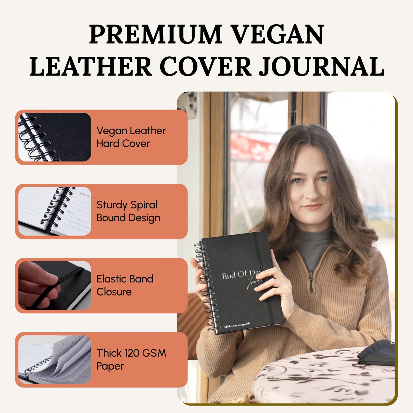 Tayri End of Day Journal – Day by Day 5 Minute Daily Gratitude & Self Reflection Journal 2026 for Women & Men, Guided Mindfulness, Happiness & Self Care, Undated Spiral with Vegan Leather Cover