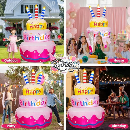 6FT Inflatable Happy Birthday Outdoor Decorations Cake with Candles, Bright LED Lights, Blow Up Yard Decoration with Rotating Colorful Appearance for Outdoor Indoor Birthday Party Garden Lawn