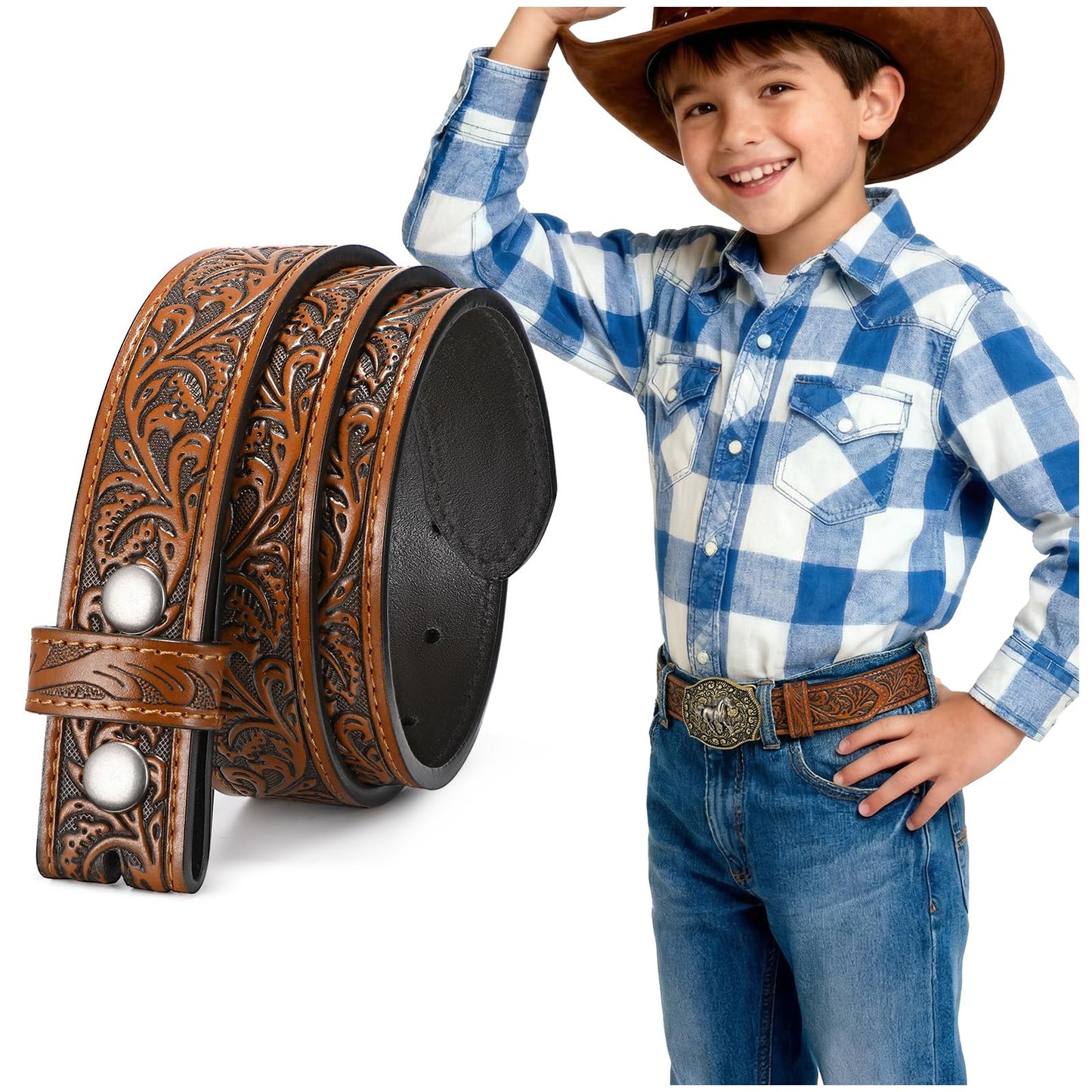 SANSTHS Kids Western Belt without Buckle Genuine Leather Boys Girls Belt Strap Cowgirl Cowboy Belts for Jeans Western Gifts, Embossed Leaf/Brown