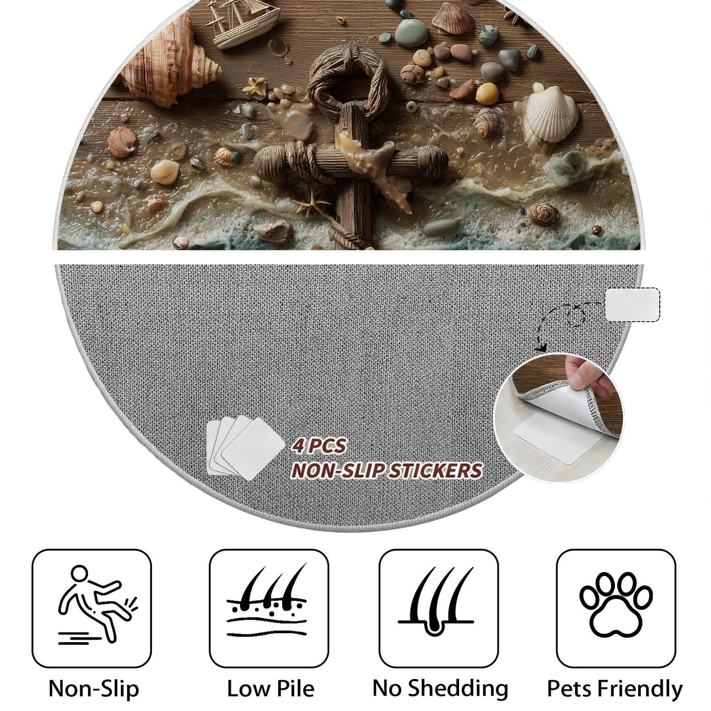 Coffee Table Rug Round Coastal Anchor Beach Seashell Mat, 5ft Ocean Wave Sand Floor Carpet for Living Room Bedroom Reading Nook, Nautical Driftwood Pebble Starfish Decorative Piece
