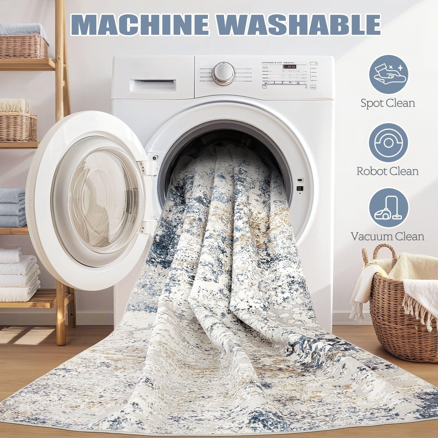 DMOYEST Square Area Rug Living Room Rugs - 6x6 Washable Large Soft Indoor Neutral Modern Abstract Low Pile Rug Carpet for Bedroom Dining Room Farmhouse Home Office - Beige Blue