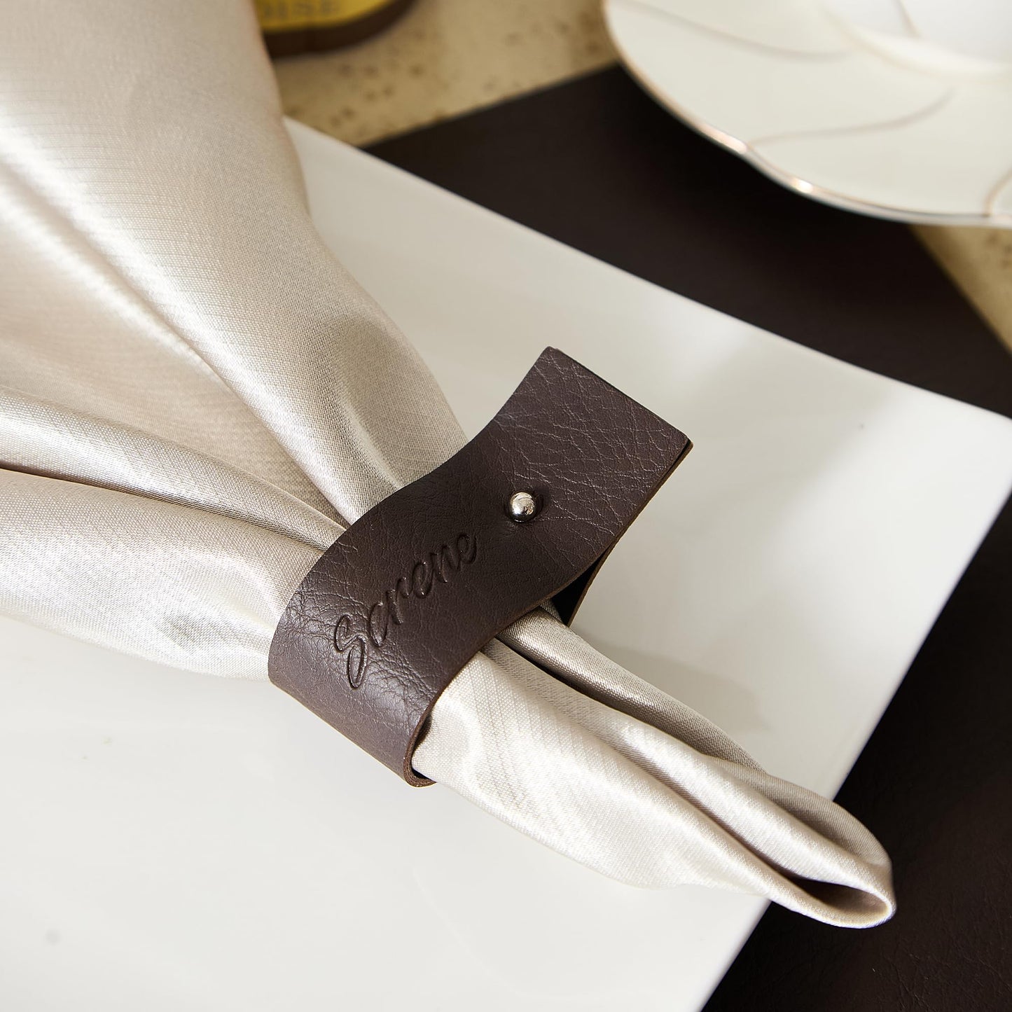 Dark Brown Napkin Rings Set of 6 – Elegant Leather Napkin Ring Holders, Double-Sided Waterproof, Durable Table Decor for Easter, Weddings & Dinner Parties, Stylish Table Setting Accessories