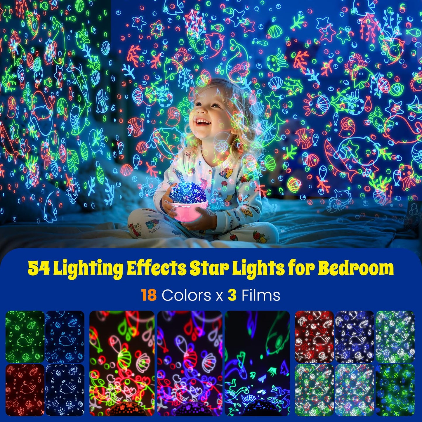 Night Light Projector,Night Light for Kids Room with Remote and Timer,360° Rotation,3 Projection Films,18 Light Modes,8 Lullaby Songs,Kids Night Lamp, Christmas Birthday Gifts for Boys Girls (Pink)