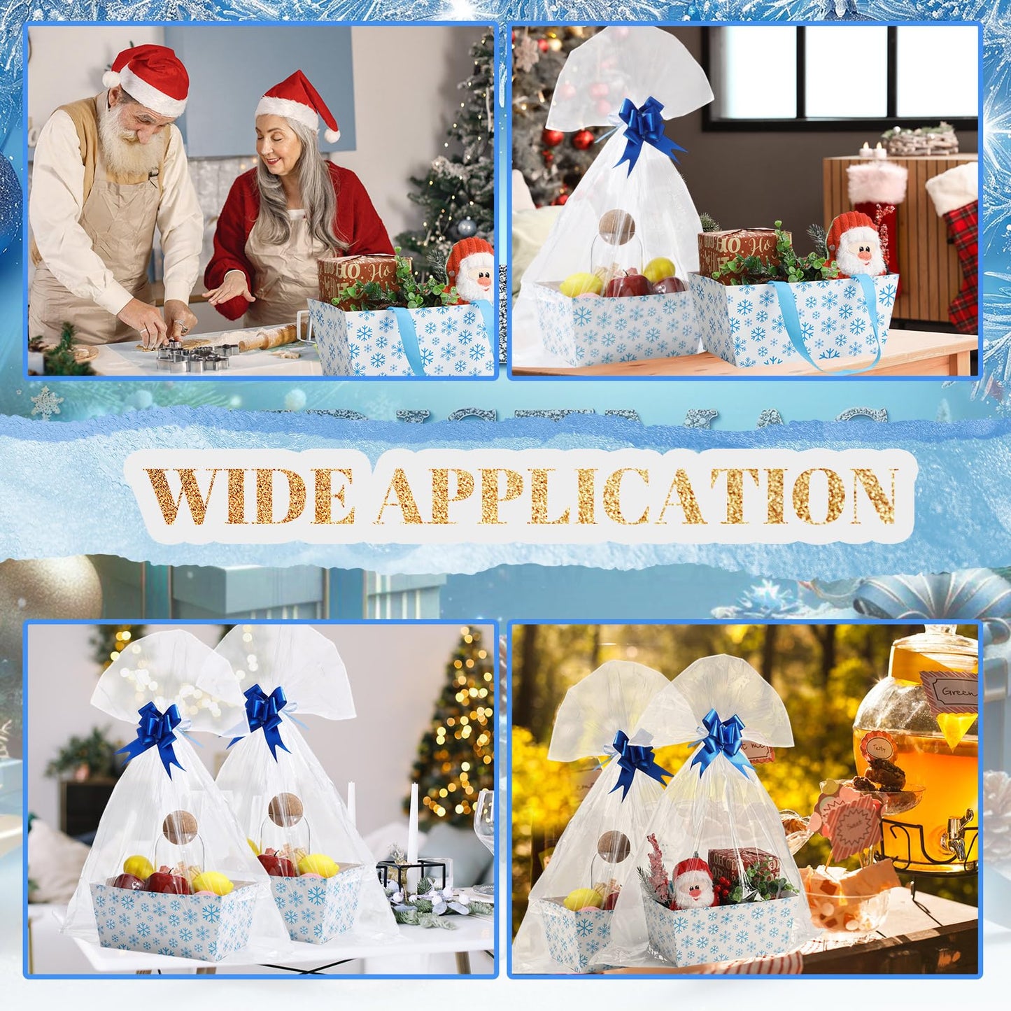 Moinchore 12 Pcs Snowflake Basket for Gifts Empty 9.8x6.5'' Winter White Blue Market Tray Cardboard Basket with Bows, Plastic Bags, Twist Ties, Empty to Fill for Holiday Birthday Xmas Winter Party