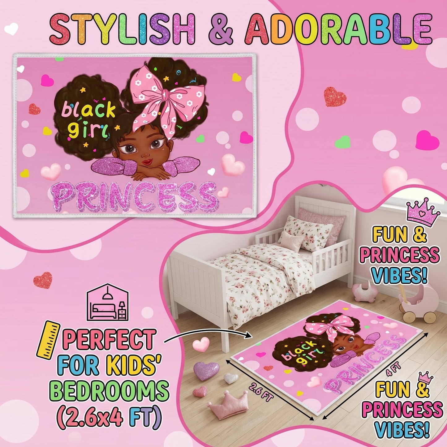African American Rugs for Girls Black Girls Room Decor Rugs Princess Room DecorCarpet for Kids Bedroom Kids Carpet for Bedroom Teen Living Room Soft Floor Mats, Pink, 2'6''×4'