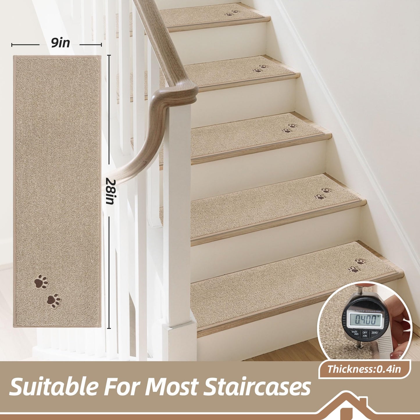 BEQHAUSE Stair Treads for Wooden Steps 28inX9in, Non Slip Carpet Stair Treads Indoor Stair Runners Machine Washable, Soft Stair Rugs Mat Surface Polyester TPE Backing, 4pcs, Beige