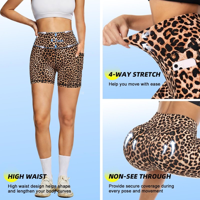 FULLSOFT High Waisted Biker Shorts for Women-5" Tummy Control Fitness Athletic Workout Running Yoga Gym Shorts with Pockets(Leopard,Small-Medium)