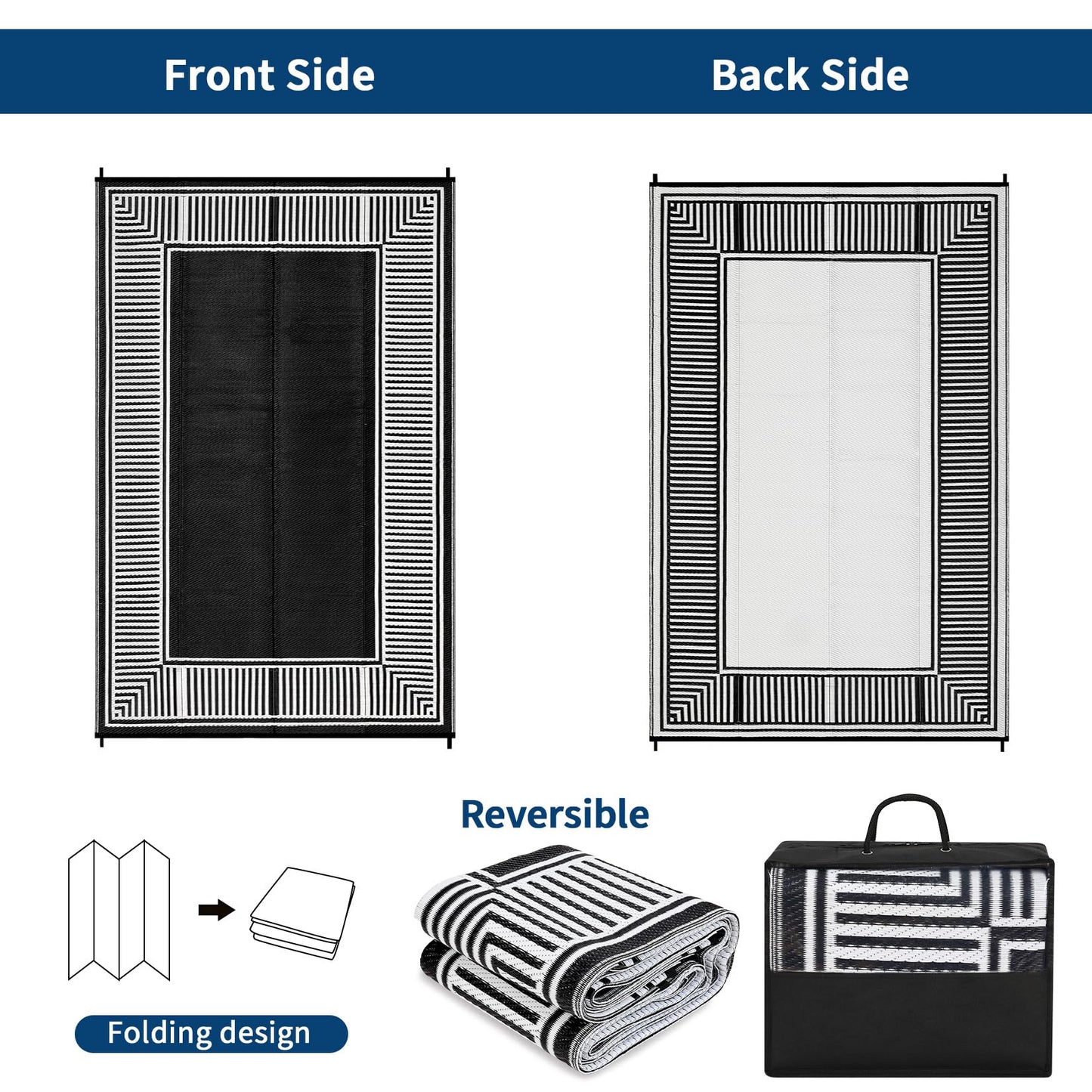 GAOMON Outdoor Patio Rug 8x10 Reversible Camping Mat, Stain-Resistant Plastic Straw Rug, Easy to Clean, Waterproof Indoor Outdoor Carpet for Porch, Deck, Balcony, Beach, GardenBorder-Black