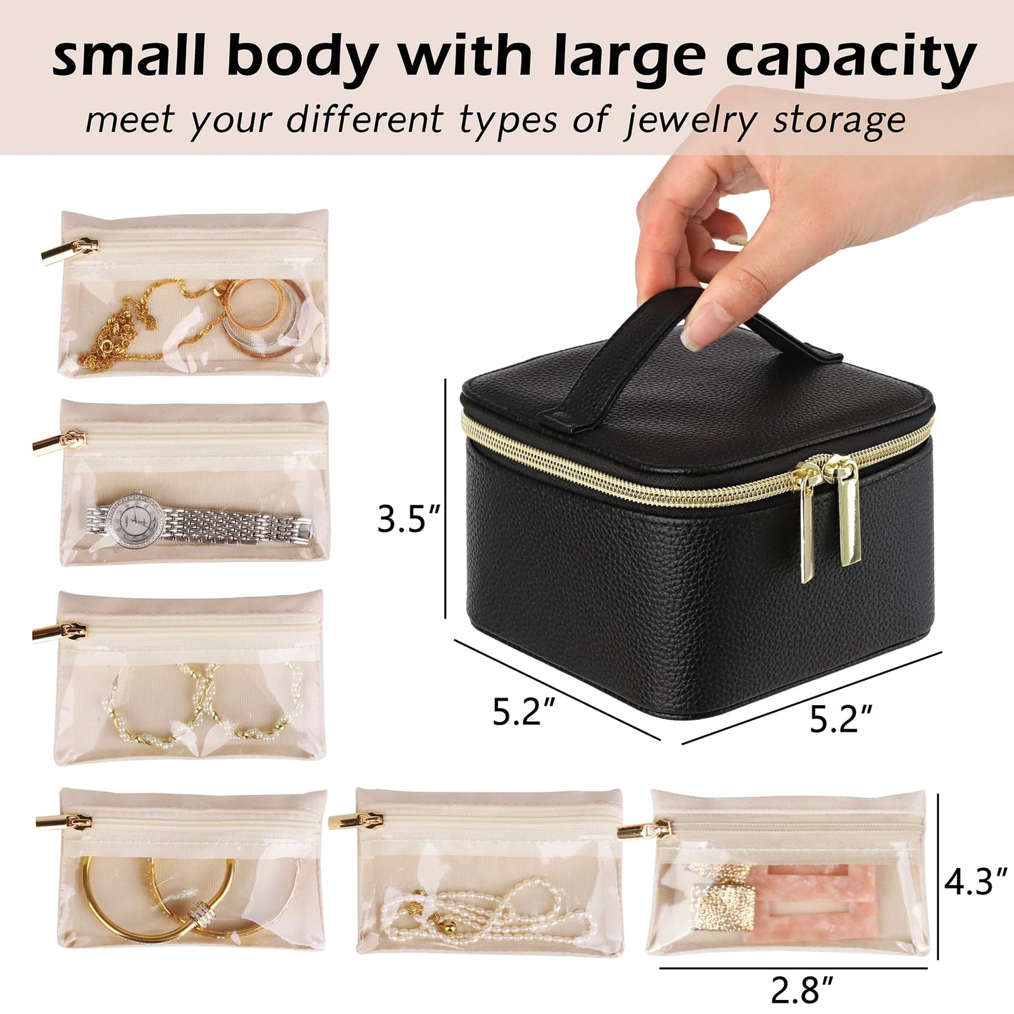 HofferRuffer Jewelry Box Organizer for Women Girls, Travel Jewelry Case with 6 Portable Zipper Bags, Jewelry Storage Ideal for Travel & Home Organization (6pcs-Black Faux Leather)