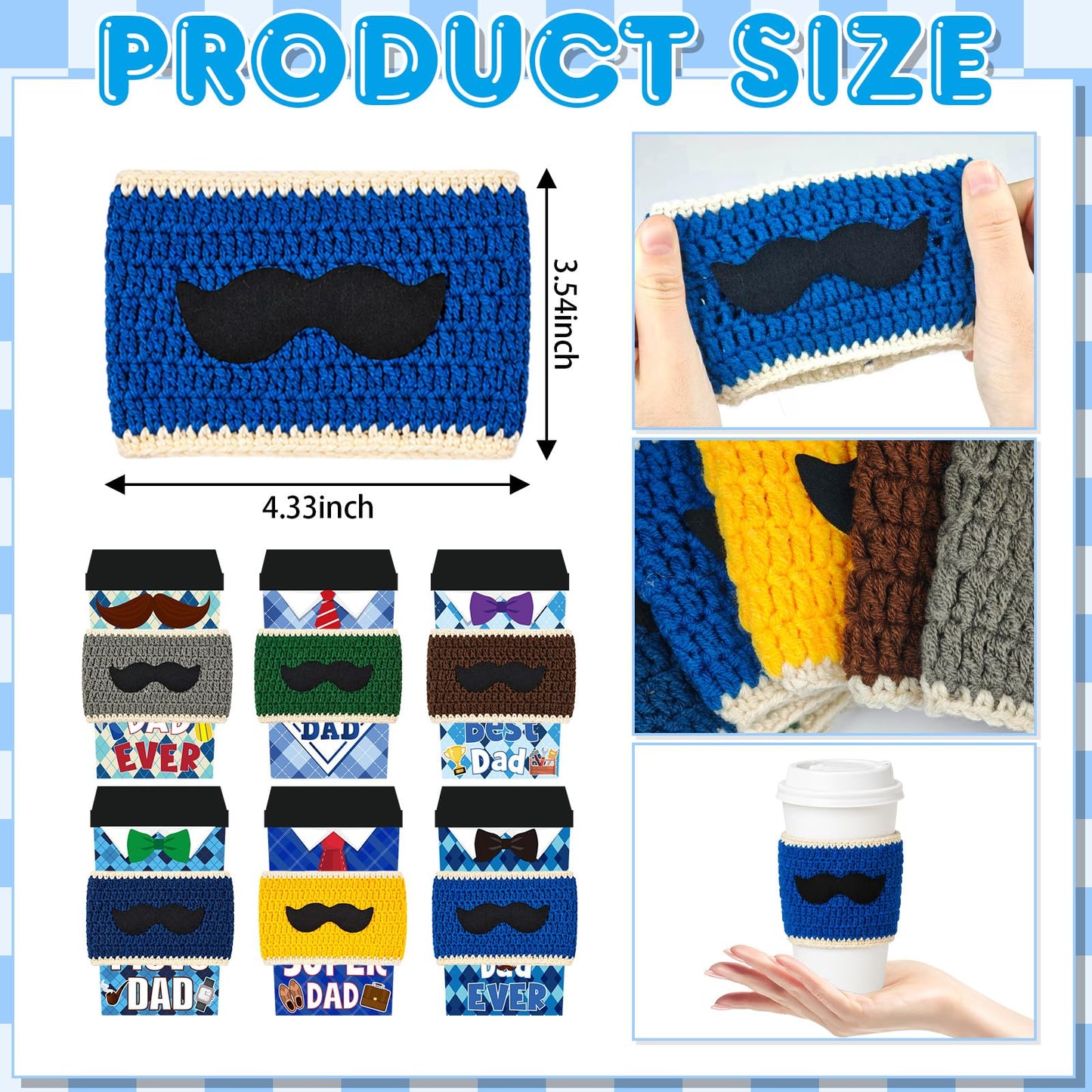 Cinrobiye Crochet Coffee Cup Sleeve Set, Father’s Day Gift Set for Dad and Grandpa, Reusable Knit Mug Cozy Covers 6 Pack with Appreciation Cards, Blue Coffee Cup Holder Gift