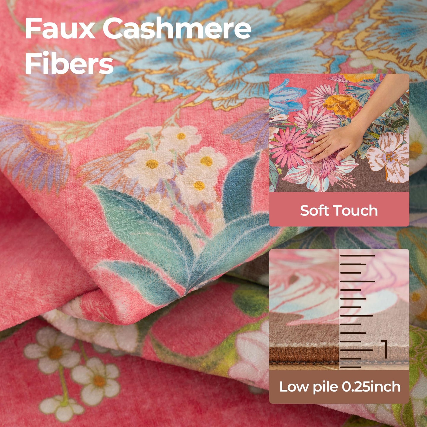 8x10 Floral Area Rug for Living Room Machine Washable Rose Brown Boho Floral Print Carpet Non-Slip Stain Resistant Floor Mat for Bedroom Dining Room Home Office Decor