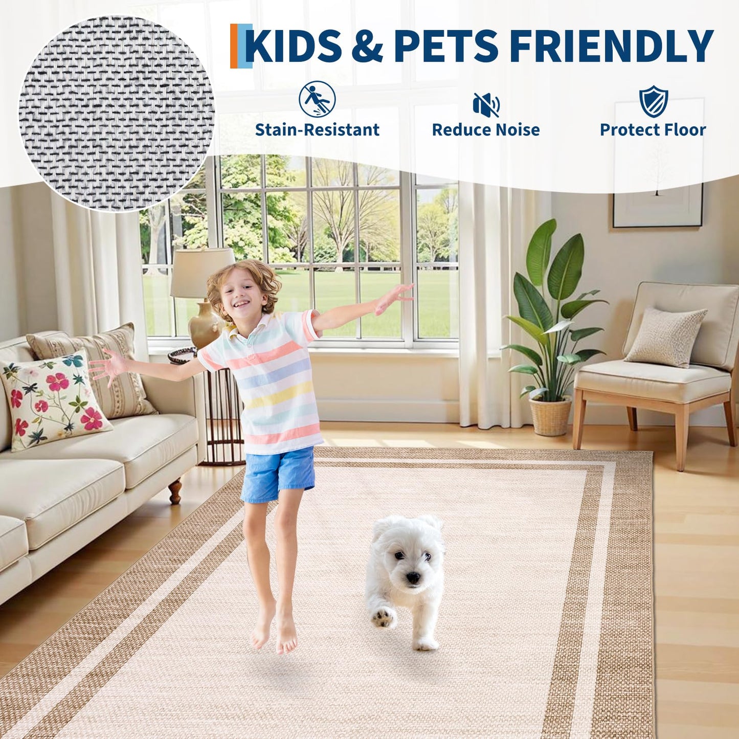 COZYLOOM 5x7 Living Room Rugs Washable Kids Bedroom Rug Non Slip Stain Resistant Modern Bordered Rug Non Shedding Low Pile Carpet Foldable Thin Minimalist Mats for Entryway Nursery Office, Beige