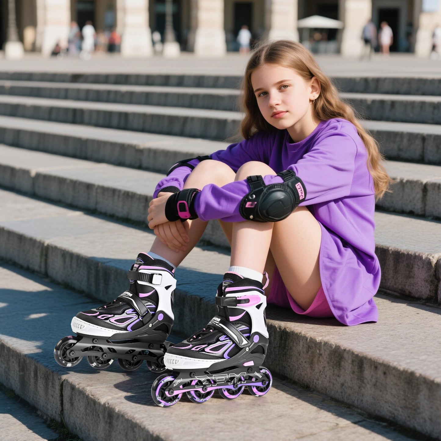 2PM SPORTS Vinal Inline Skates for Girls Boys Kids Ages 5-8 8-12 with Adjustable Illuminating Wheels, Inline Roller Skates for Youth Women Men - Purple Pink Extra Large