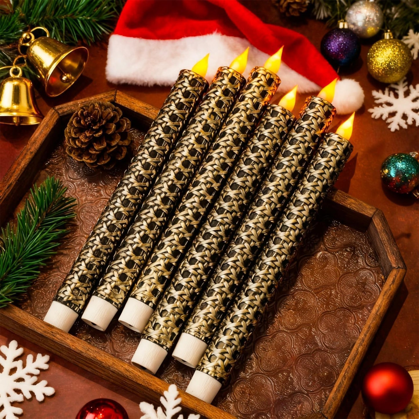 LCZLUMIPRO 6 Pcs Black and Gold Flameless Taper Candles - 9.65 Inch Battery Operated LED Candlesticks with Flickering Flame for Elegant Table, Wedding & Home Decor