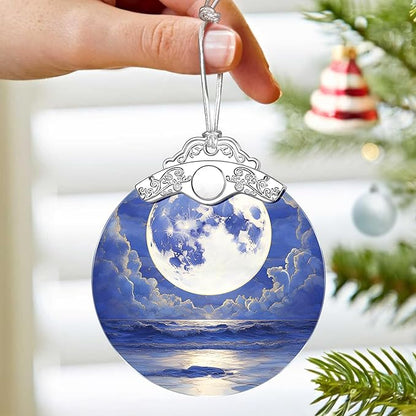 Full Moon Over Ocean Ornament – Christmas Decoration & Christmas Ornament; Stained Glass Holiday Decoration (Holiday Present, Bauble Present, Gift Idea, Gift Exchange) | Heirloom Keepsakes