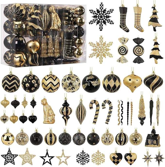 SHareconn 145pcs Christmas Balls Ornaments Set, Shatterproof Plastic Baubles Snowflakes, Stars and Tree Topper for Xmas Tree Holiday Wedding Party Decorations with Hanging Strings,Deep Gold and Black