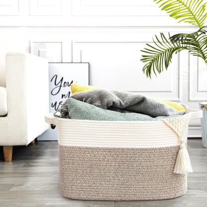 Degeyoyo Large Blanket Basket, 60L Storage Baskets for Organizing, Woven Laundry Basket for Blankets, Cotton rope Blanket Storage for Living Room, Nursery Room, 19.7" L x 15.74" W x 11.8" H, Brown