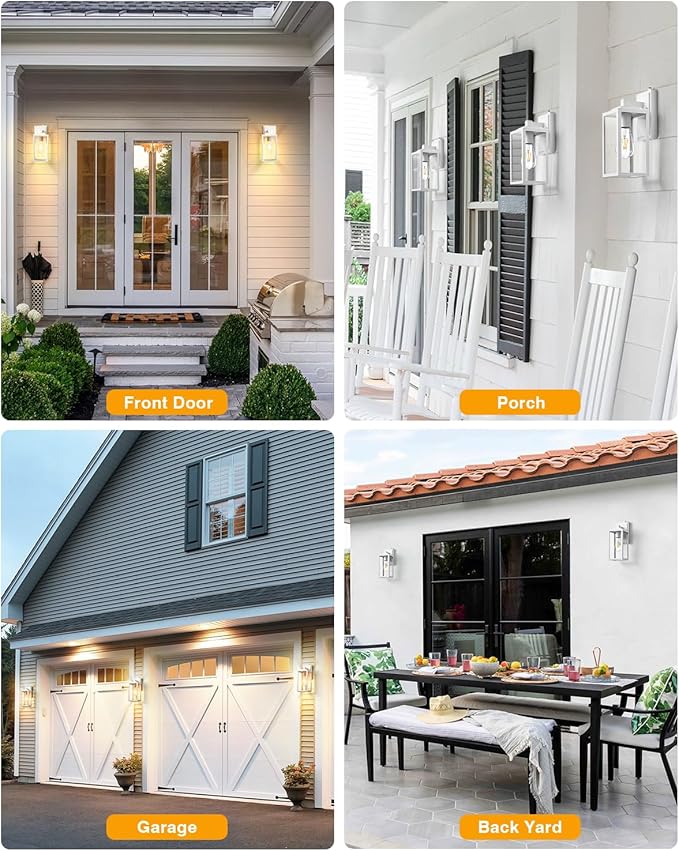 VIANIS 2 Pack White Dusk to Dawn Outdoor Wall Lantern, Waterproof Modern Outdoor Lighting Fixture Wall Mount for Garage, Anti-Rust Exterior Sconce Light with Tempered Seeded Glass for Entryway
