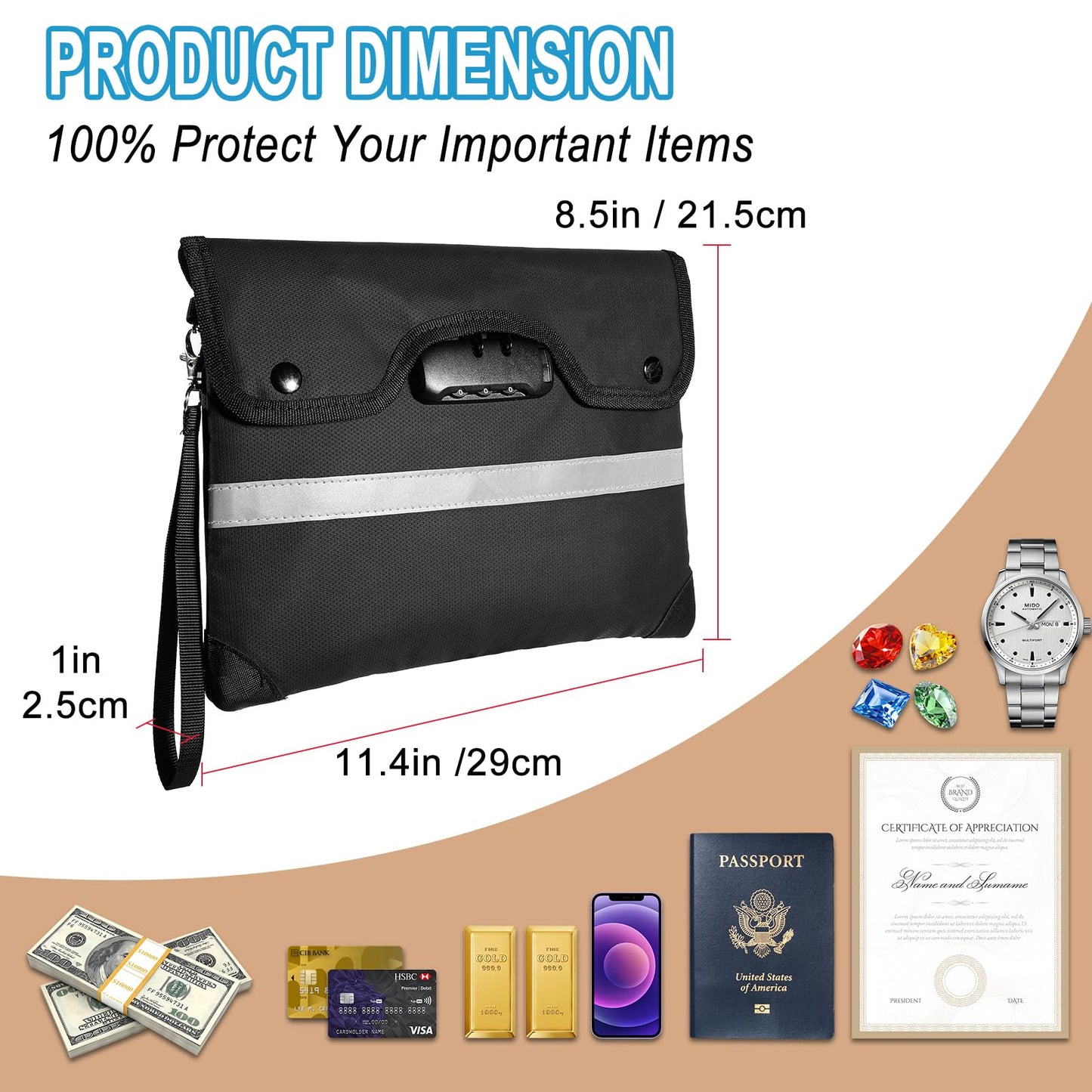 HOMELYLIFE Fireproof Money Bag,A4(15*11.8'') 6200°F Fireproof,Waterproof,Extra Thick Fireproof Cotton Lined for Home/Office Use,Secure Storage for Valuables,ash,Contracts,Jewelry & Important Documents