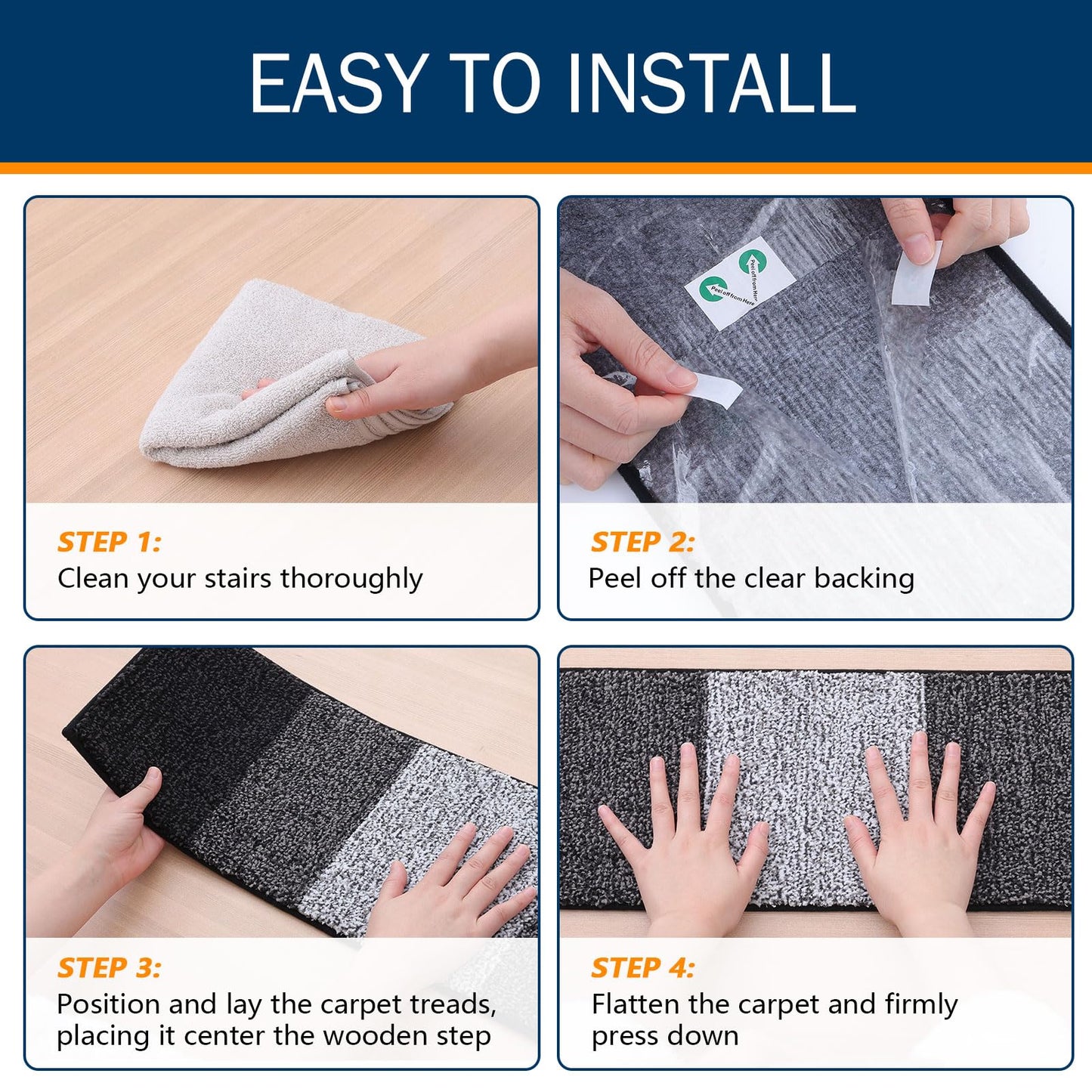 OLANLY Stair Treads Non Slip 10PCS, 8" x 30" Indoor Stair Runners for Wooden Steps, Edging Stair Rugs with Reusable Peel and Stick Adhesive for Kids Elders and Pets, Black