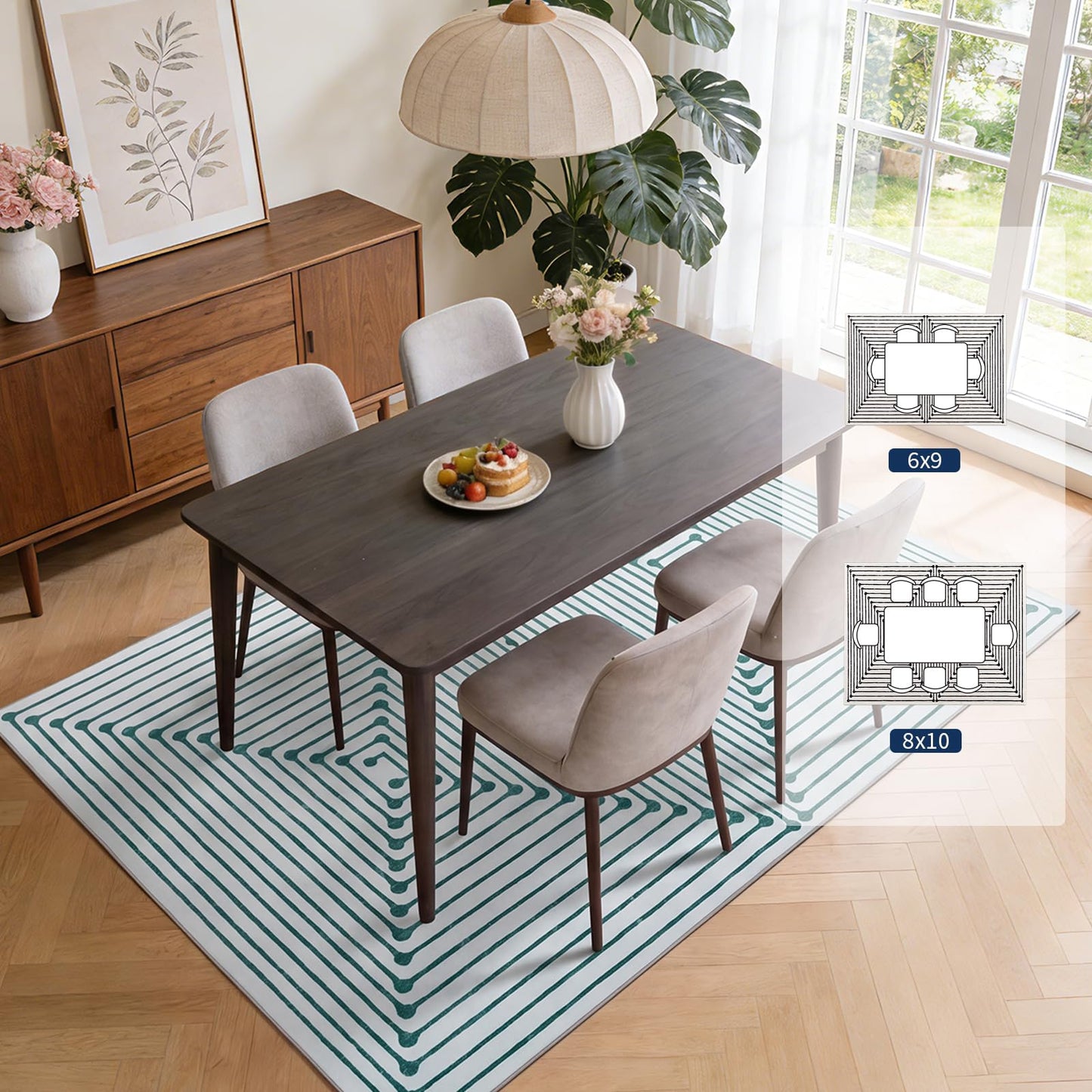 YIHOUSE Washable 8x10 Area Rugs for Living Room, Green Striped Rug for Bedroom Non Slip Low Pile, Large Modern Geometric Carpet for Playroom Dining Room Home Office Decor