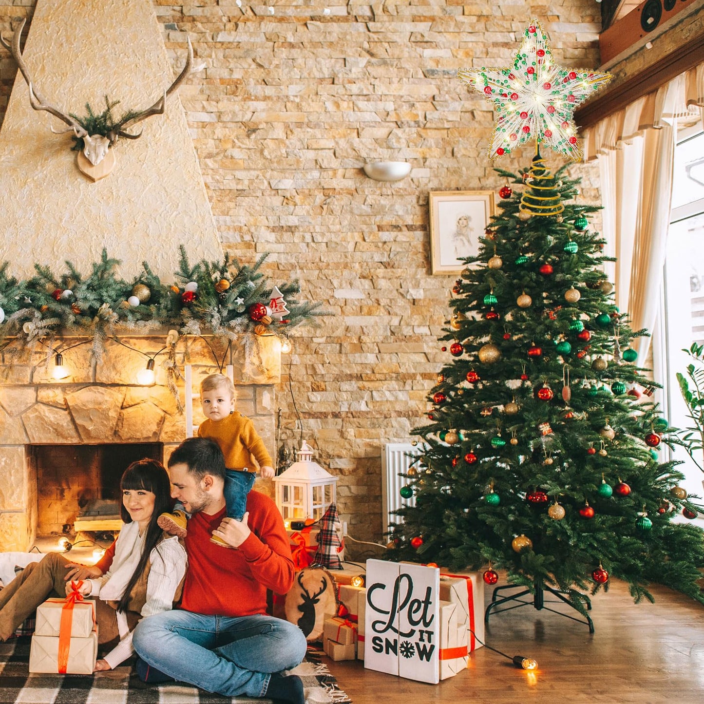 Whaline Christmas Star Tree Topper Gold 3D Star Tree Top with LED Lights Battery Powered Treetop Ornament for Xmas Winter Party Favor Indoor Outdoor Decor